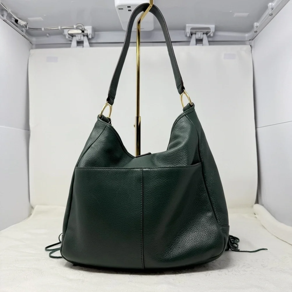 Gilli Genuine Leather Fringe Shoulder Bag – Green Hobo Tote with Tassel Detail